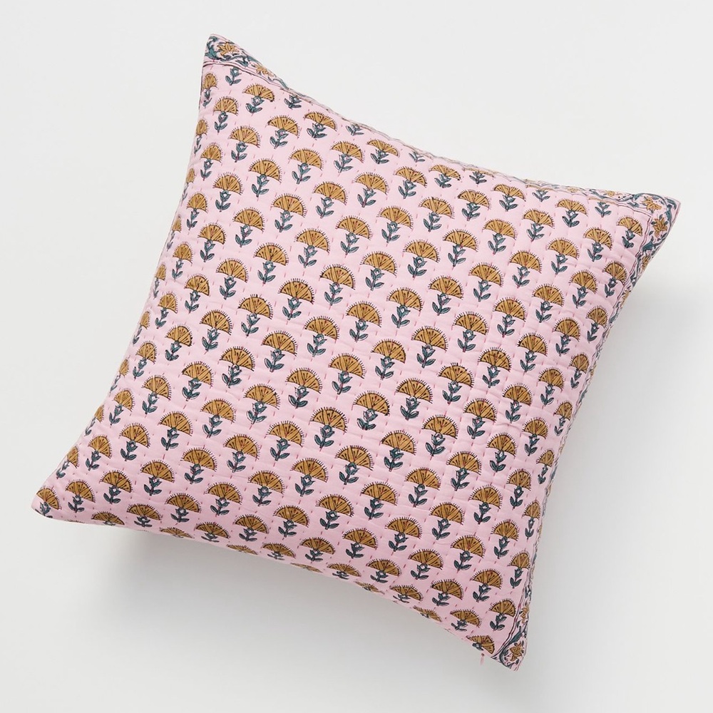 Anthropologie Pink Floral Fan-Print Quilted Pillow